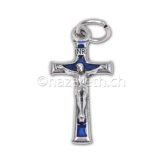 Croix avec Christ en Zamac et Résine Bleue