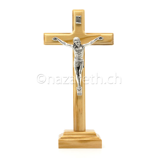 Crucifix Socle Bois d'Olivier - Christ Argenté 18 cm